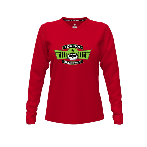 [CUS-DFW-TEES-CMF-VNK-LSL-RED-FYXS-LOGO1] Decker Comfort T-Shirt (Female Youth XS, Red, V Neck, Logo 1, Long Sleeve)